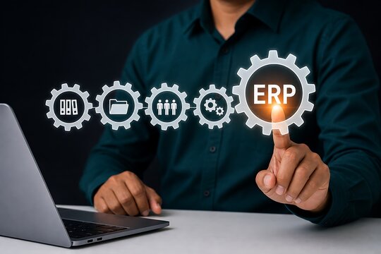 Businessman selecting erp system interface on digital gears over laptop