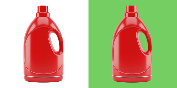 Red plastic detergent bottle with handle