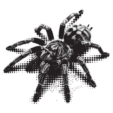 Black and white halftone tarantula spider illustration with rasterized dots and stippling screenprint effect