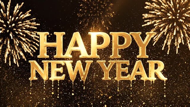 Golden Happy New Year text dripping liquid gold with fireworks against a dark glittery background