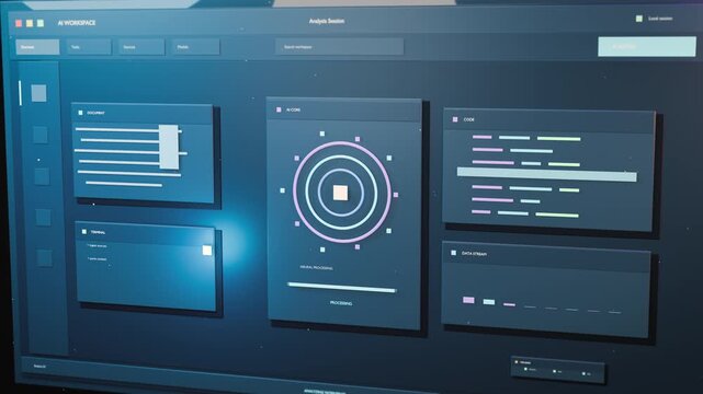 Futuristic AI workspace booting on a computer screen with neural core, code panels and data stream widgets, cinematic 3D interface clip for artificial intelligence promos