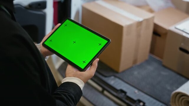 Unrecognizable worker holding tablet with green screen and tracking markers in front of cardboard boxes in delivery van. Clip is ideal for showcasing logistics apps or inventory management software