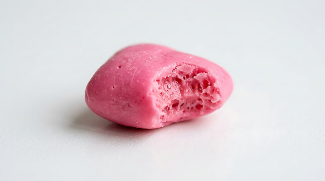 A single pink bubblegum piece with a distinct bite mark revealing its texture against a plain background, showcasing a sweet confectionery treat