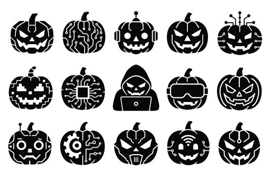 Set of cyber pumpkin icons for halloween, digital technology and computer security concept, vector illustration