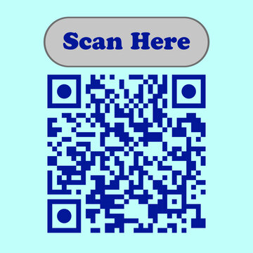 Blue QR code graphic with a prominent Scan Here label on a soft turquoise background, designed for digital and print communication. Suitable for business marketing, social media promotion, product pac