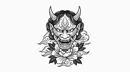 Fototapeta premium Japanese Oni Mask Tattoo Design with Peony Flowers and Clouds