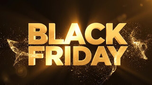 Golden three dimensional Black Friday text appearing with shimmering particles on a dark background
