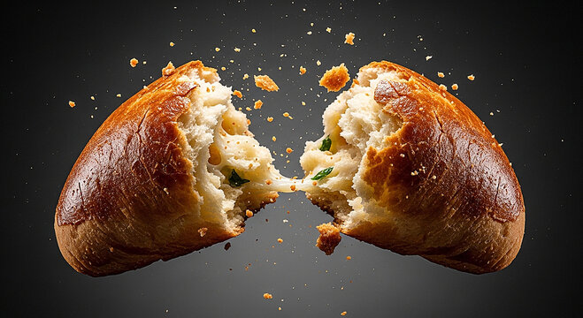 Poğa&ccedil;a broken in half, crumbs flying, high-speed capture 