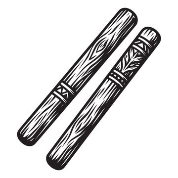 Woodcut style illustration of carved wooden percussion sticks, engraved relief printmaking design of rhythmic claves with tribal patterns on white background.