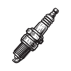 Spark plug illustration in woodcut engraved relief carved printmaking style for automotive engine maintenance and repair. © Orion Draw