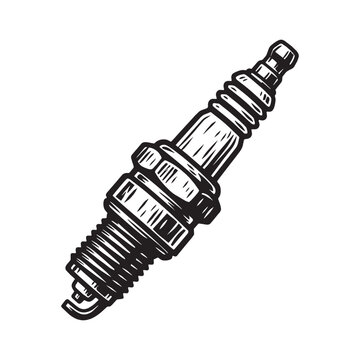 Spark plug illustration in woodcut engraved relief carved printmaking style for automotive engine maintenance and repair.