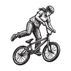 Fototapeta premium BMX Rider Performing a Mid-Air Stunt Trick, Woodcut Engraved Relief Carved Printmaking Style Illustration of Extreme Sports Activity