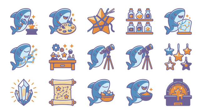 Colorful shark adventure and fantasy inventory icon set.