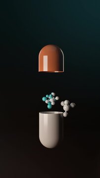 Vertical shot of a medical capsule opening as turquoise and white molecules drift upward against deep black polished 3D visual for pharma social media campaigns