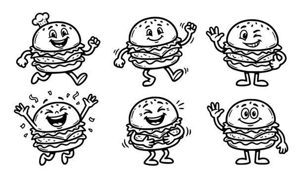 Black and white burger groovy cartoon mascot outline doodle vector illustration set