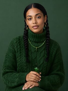 Young woman with twin braids holds a small green perfume bottle against her cable-knit sweater, creating a refined fragrance and personal-care portrait in tonal green.