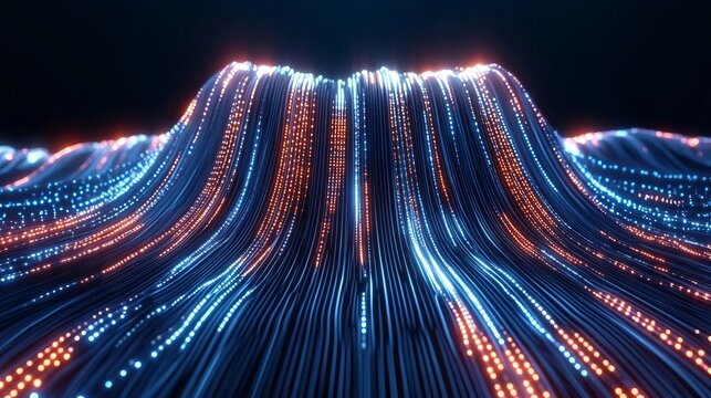 Abstract Digital Waves with Glowing Orange and Blue Light Dots Flowing Through Data Network Design