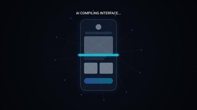 Abstract representation of an AI compiling a mobile phone interface with a glowing scanner