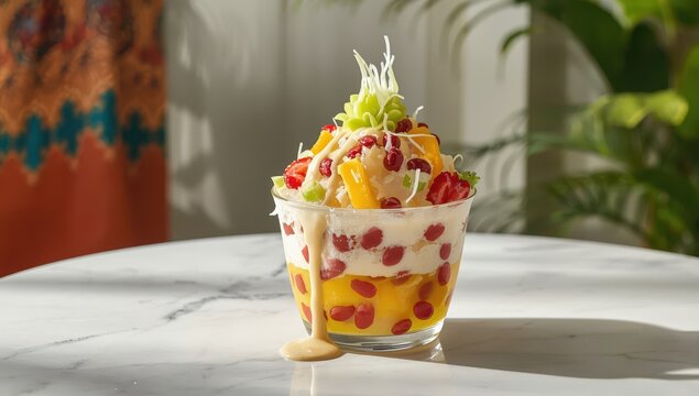 Cendol, a Malaysian dessert, consists of crushed ice, red beans, assorted sweets, and fruits, served on a white table.