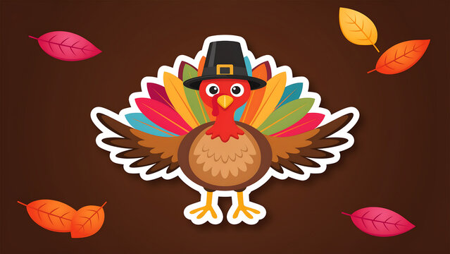 Colorful thanksgiving turkey cartoon sticker with outspread feathers, seasonal