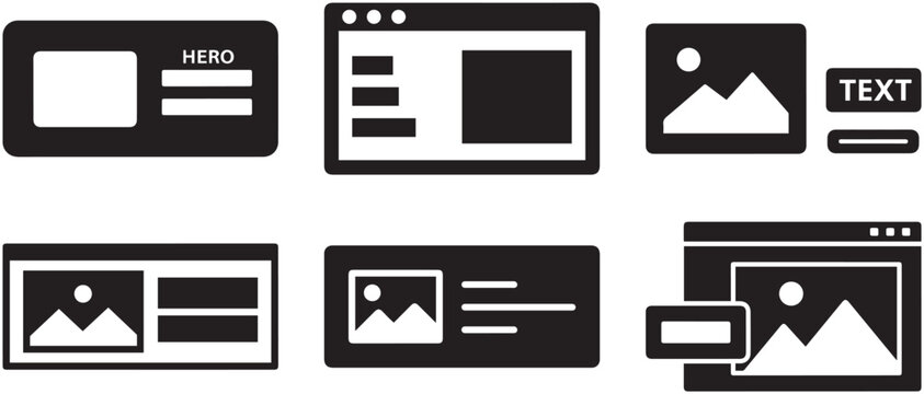 Dark website wireframe layout blocks for homepage hero sections, image placeholders, text modules, and responsive web design mockup