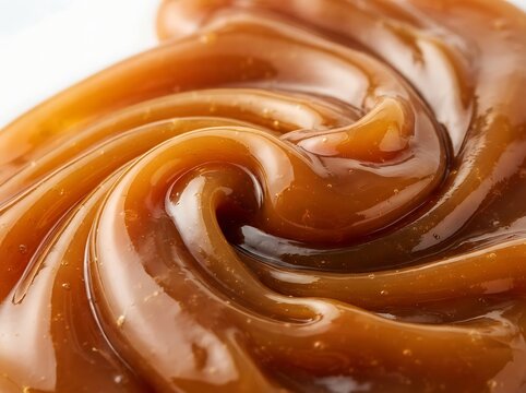 Closeup of smooth, glossy caramel sauce swirled into a rich, goldenbrown texture