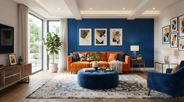 Modern living room interior with vibrant orange sofa and deep blue accent wall