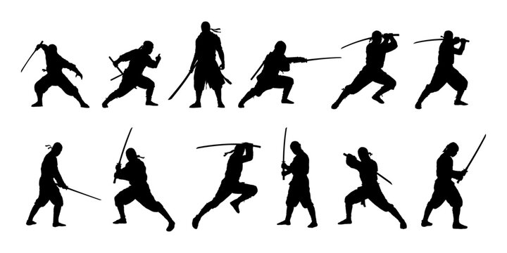  Set of ninja warriors silhouettes, fighting poses with swords, vector illustration