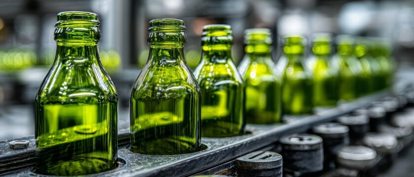 Rows of green glass bottles move along a factory conveyor belt, with an industrial background emphasizing mass production.