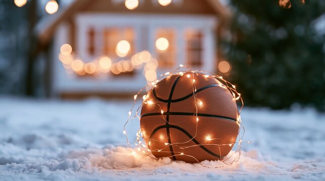 Basketball decorated with string lights sitting on clean snow, featuring a blurred background of a charming illuminated house at night