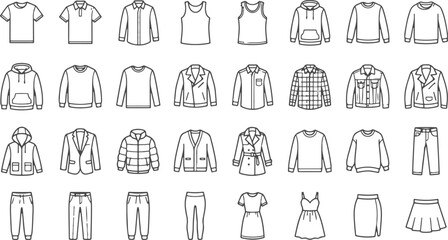 Clothing, apparel line icons set. Oversize t-shirt, hoodie, wide-leg jeans, puffer jacket, bra, jumpsuit flat minimal vector illustrations. Simple outline signs. 48x48 Pixel Perfect. Editable Stroke © ESAD