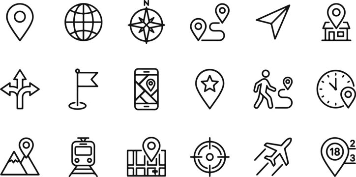 Location line icon set. Compass, travel, globe, map, geography, earth, distance, proximity minimal vector illustration. Simple outline sign for navigation app ui. 48x48 Pixel Perfect, Editable Stroke