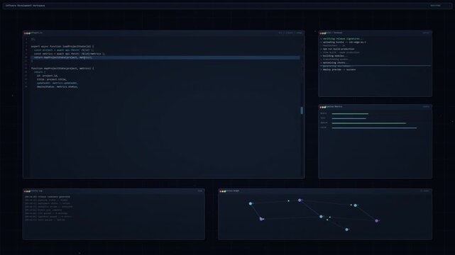 Software workspace running a build script with code editor, command line output, pipeline metrics and service graph syncing live, cinematic desktop UI for tech promos