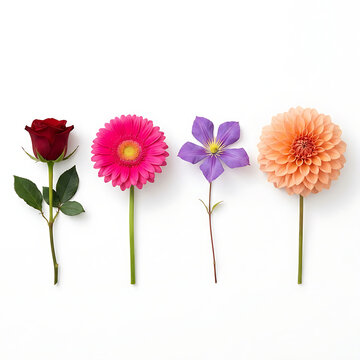 Elegant set of four unique flowers showcasing contrasting colors and textures isolated on a solid white background.