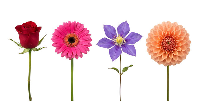 A neat collection of four different blooming flowers featuring varied vibrant colors isolated on a plain white backdrop.