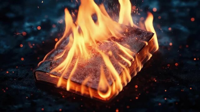 Ancient book ablaze with fiery flames in dark mysterious setting. The concept of mysticism, rituals, astrology, fortune-telling, shamanism, tarot, seers, clairvoyants