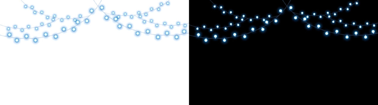 Blue string lights hanging in a glowing swag border with cascading bulbs ideal for party decoration design available in PNG, Transparent and Black Background Versions