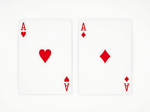 Classic ace of hearts and ace of diamonds cards symbolizing luck and winning on a white background.