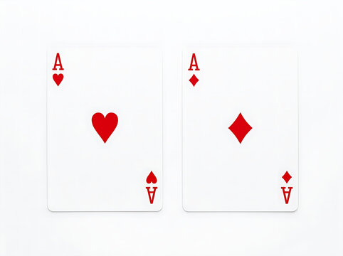 Pair of red aces consisting of hearts and diamonds placed neatly on a clean solid white surface.