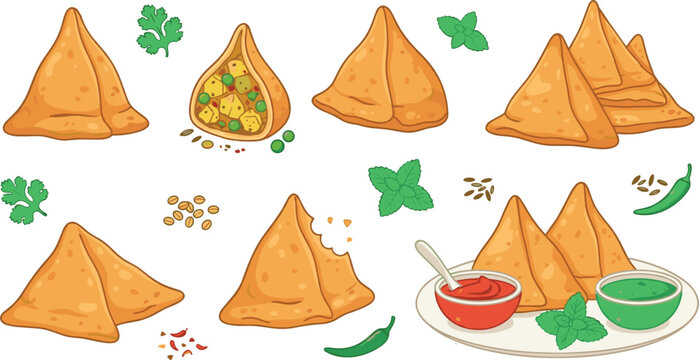 Set of stylized Indian samosa food icons featuring crispy fried pastries, dips, and herbs in a blue and orange vector style.Set