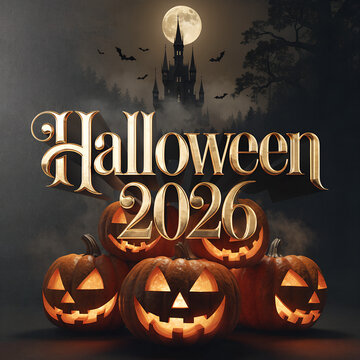 Halloween 2026 artwork presents a group of menacingly carved jack-o'-lanterns in the foreground with a haunted castle and moonlit sky visible in the background.