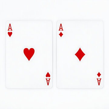 Two red ace playing cards featuring heart and diamond suits isolated on a seamless bright white backdrop.