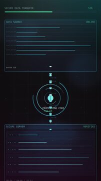 Vertical secure transfer visual where encrypted blocks drop through a glowing processing core into a verified server stack sleek backdrop for cyber security reels