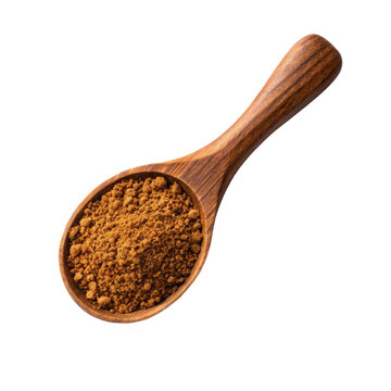 Wooden scoop filled with herbal powder ingredient for supplement nutrition wellness product formulation branding
