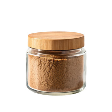 Clear glass jar filled with mushroom powder ingredient for supplement nutrition product packaging presentation branding