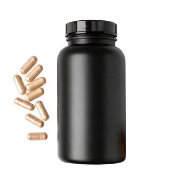 Black supplement bottle with capsules for nutrition branding packaging healthcare container product mockup presentation