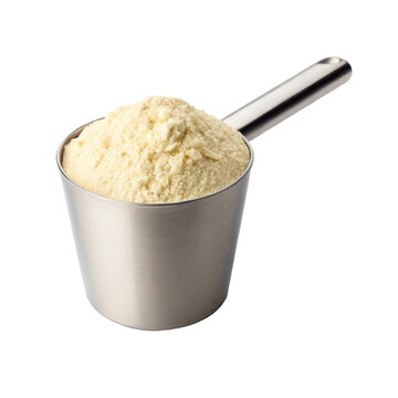 Stainless steel scoop filled with supplement powder for nutrition fitness product presentation ingredient measurement