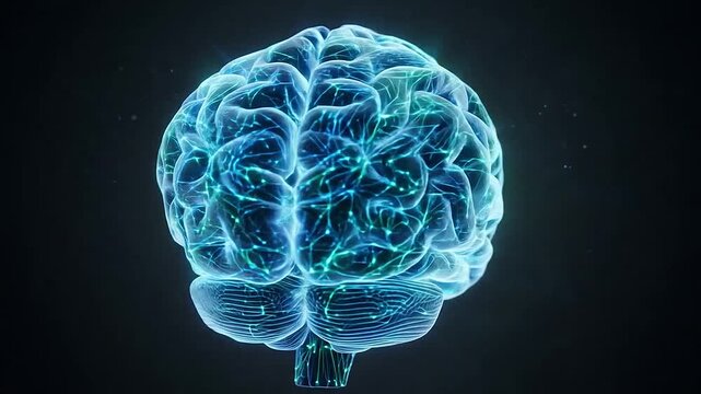 A glowing digital human brain model on a dark background