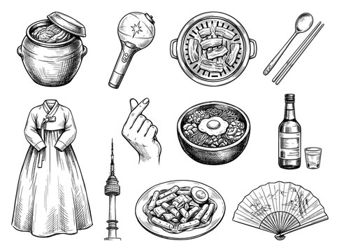 South Korea travel culture and food icon set, featuring kimchi, k-pop, barbecue, traditional landmarks, ink sketch illustration