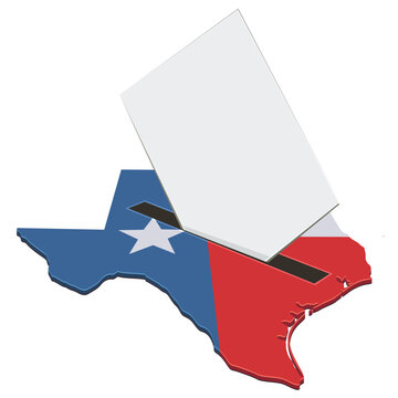 3D isometric map of Texas with a ballot box slot and paper representing democratic elections, political rights, public choice, civic responsibility, and voting process (cut out)